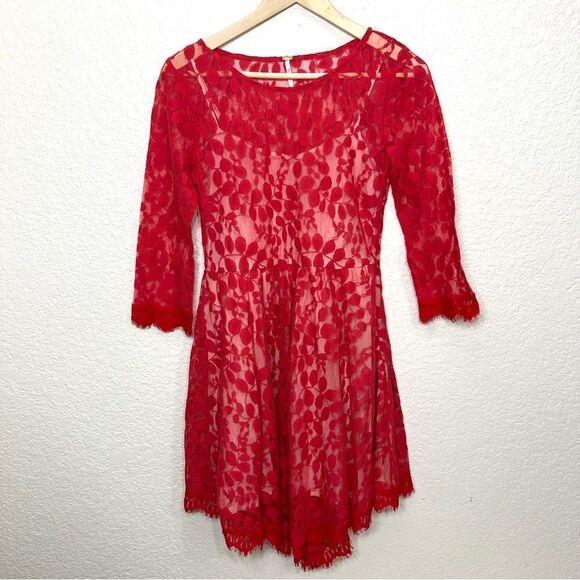 Free People Floral Mesh Lace Dress Red Size 6 - Picture 2 of 15